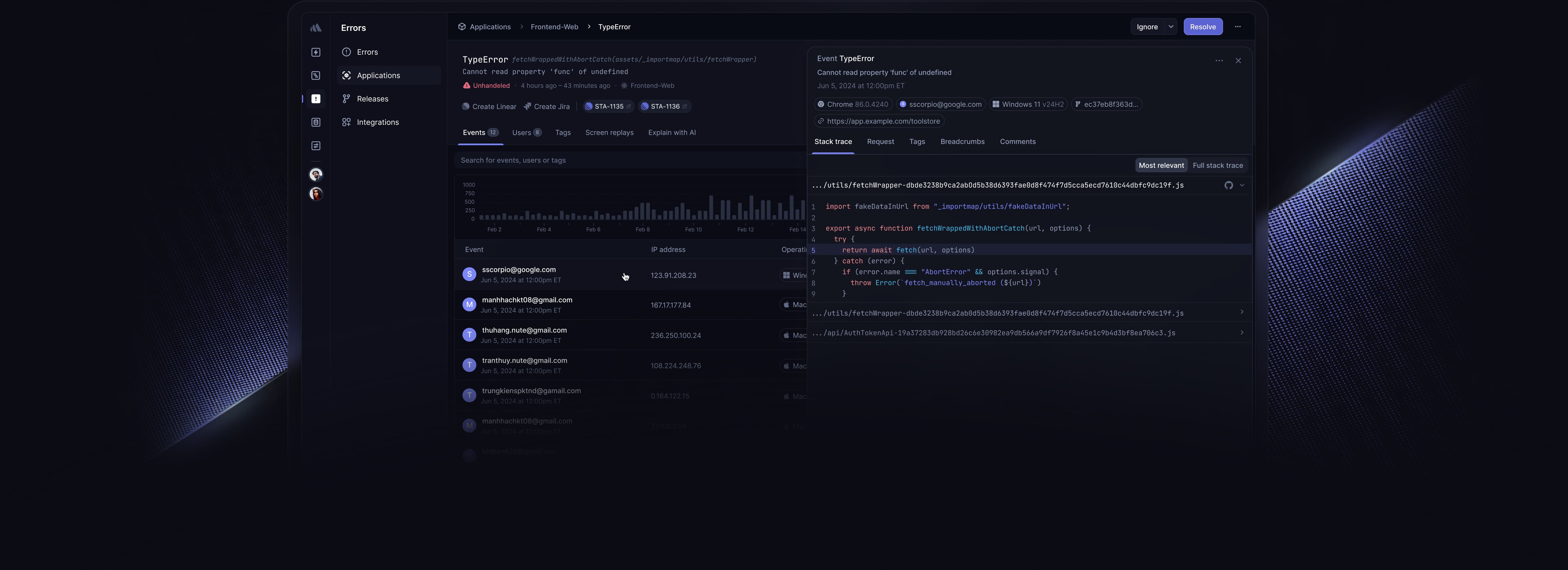 Better Stack Error tracking: error details, event history and a stack trace, shown straight on.